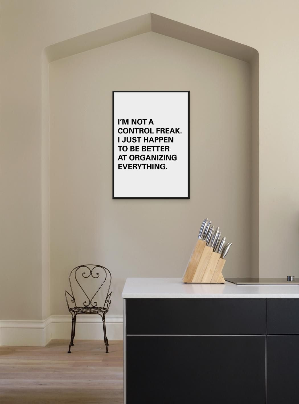Control Freak minimal art print framed poster, Front View on the wall