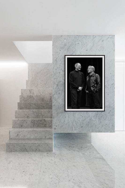 Steve Jobs and Jensen Huang Contemporary Art Framed Poster, On Wall view