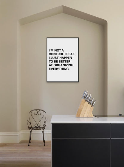 Control Freak minimal art print framed poster, Front View on the wall