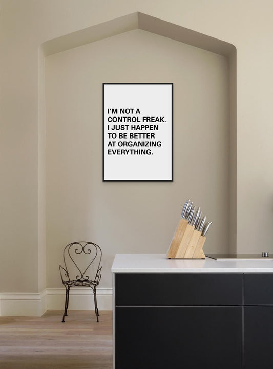Control Freak minimal art print framed poster, Front View on the wall